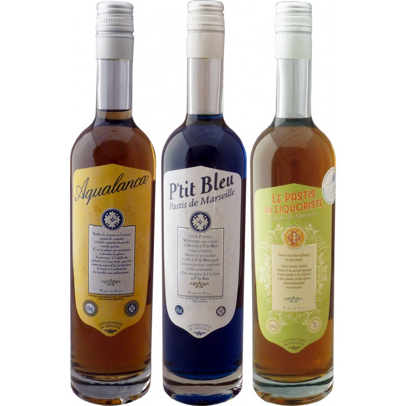 Aqualancan, Ptit Bleu et Pastis du Liquoriste : les 3 pastis et anis