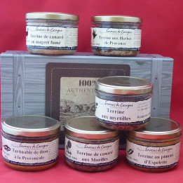 Coffret authentique 6 terrines canard, myrtilles , saumon , thon , herbes, piment