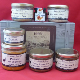 Coffret authentique 4 terrines canard, rillettes, foie gras et plat cuisiné
