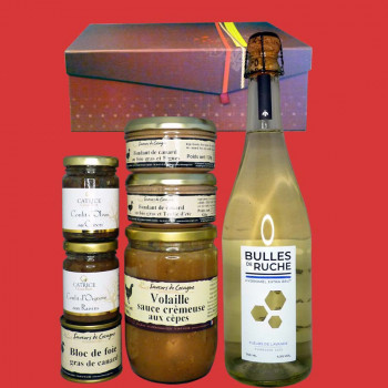 Coffret Cadeau violet, Hydromel pétillant, produits à base de foie gras et Volaille sauce aux cèpes