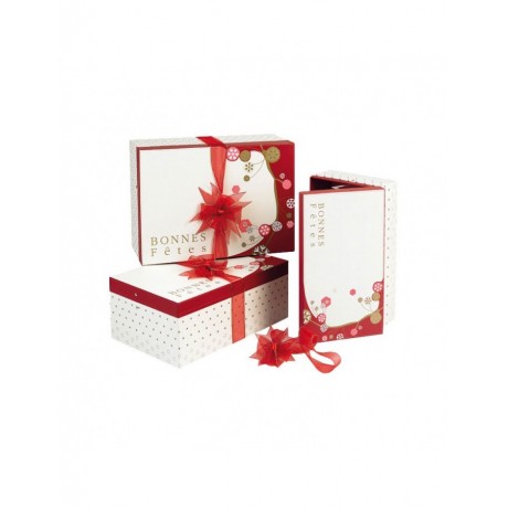 Coffret carton rectangle décor Bonnes Fêtes rouge/crème